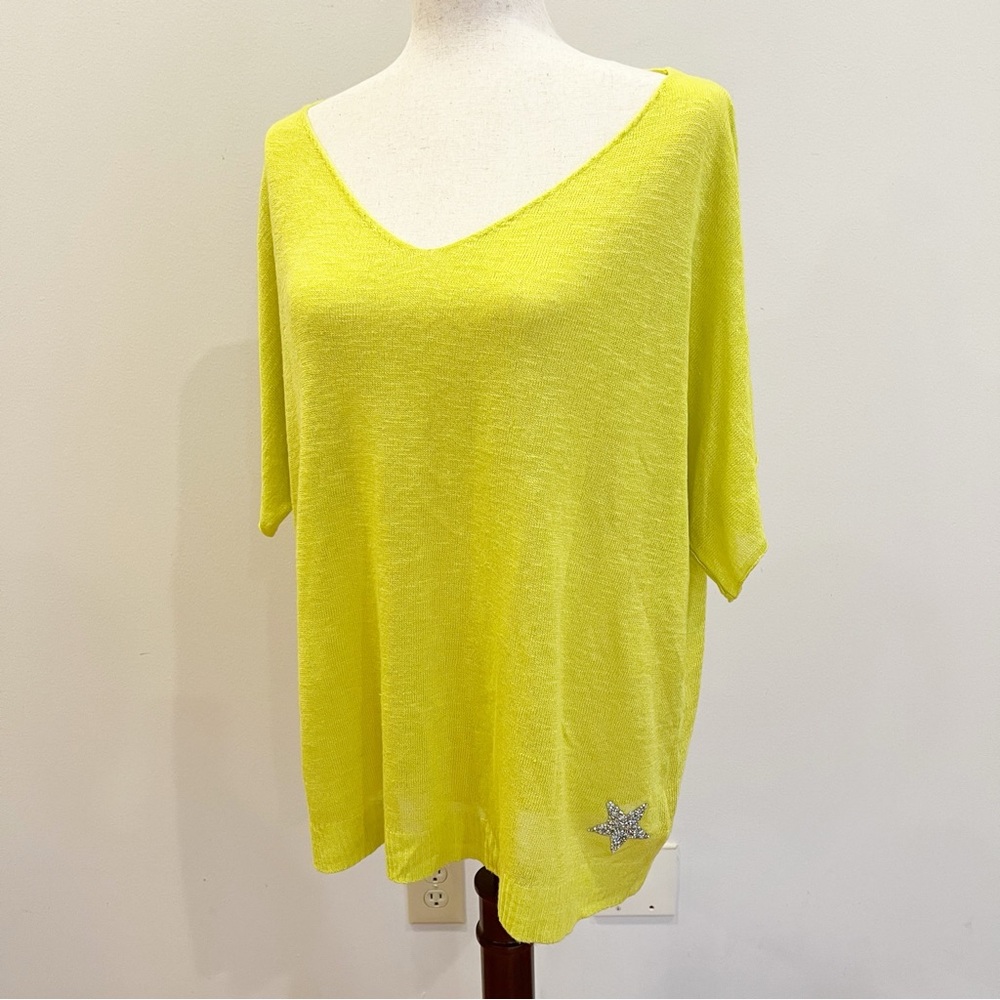 Soft Surroundings Linen Rayon Knit Top XL Lime Green Short Sleeve Glitter Star